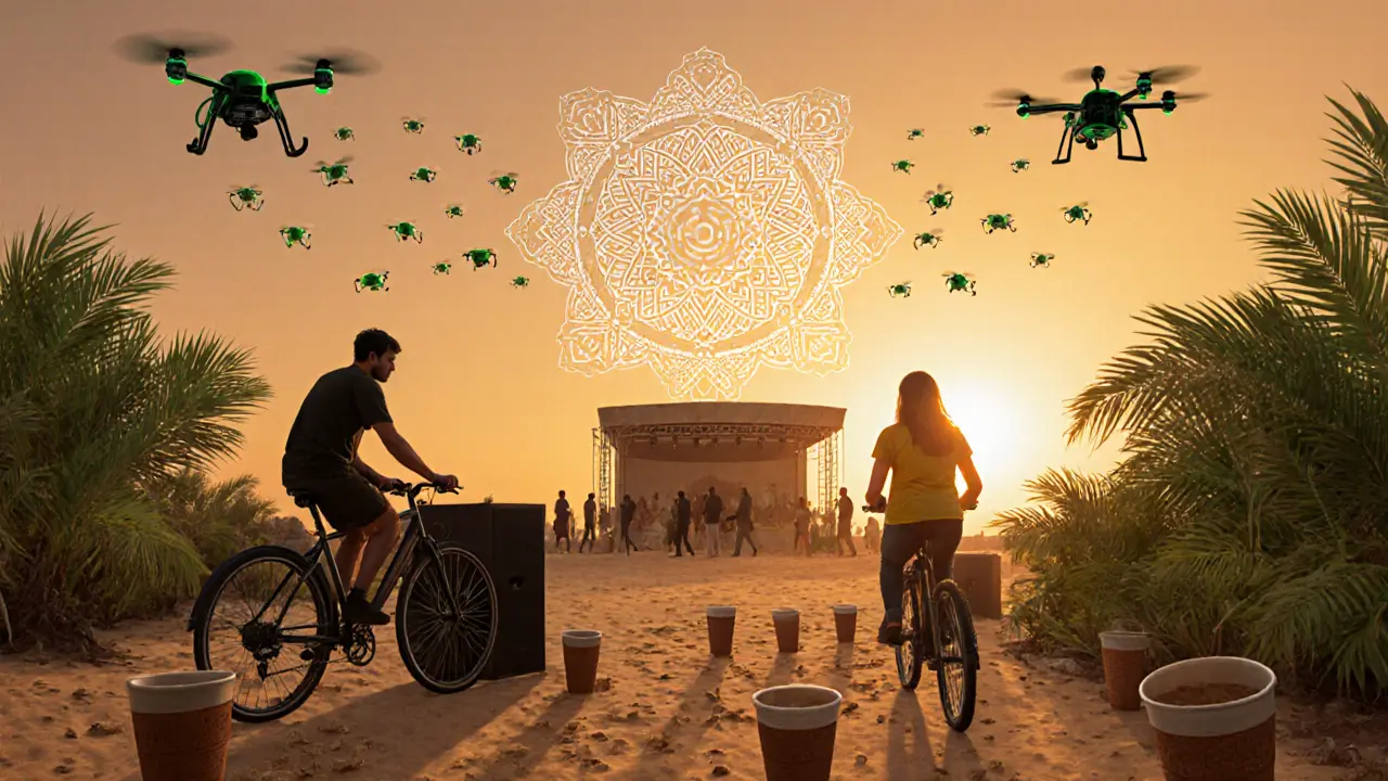 People pedal bikes to power music at a sustainable festival, with drones forming geometric patterns above mangroves.