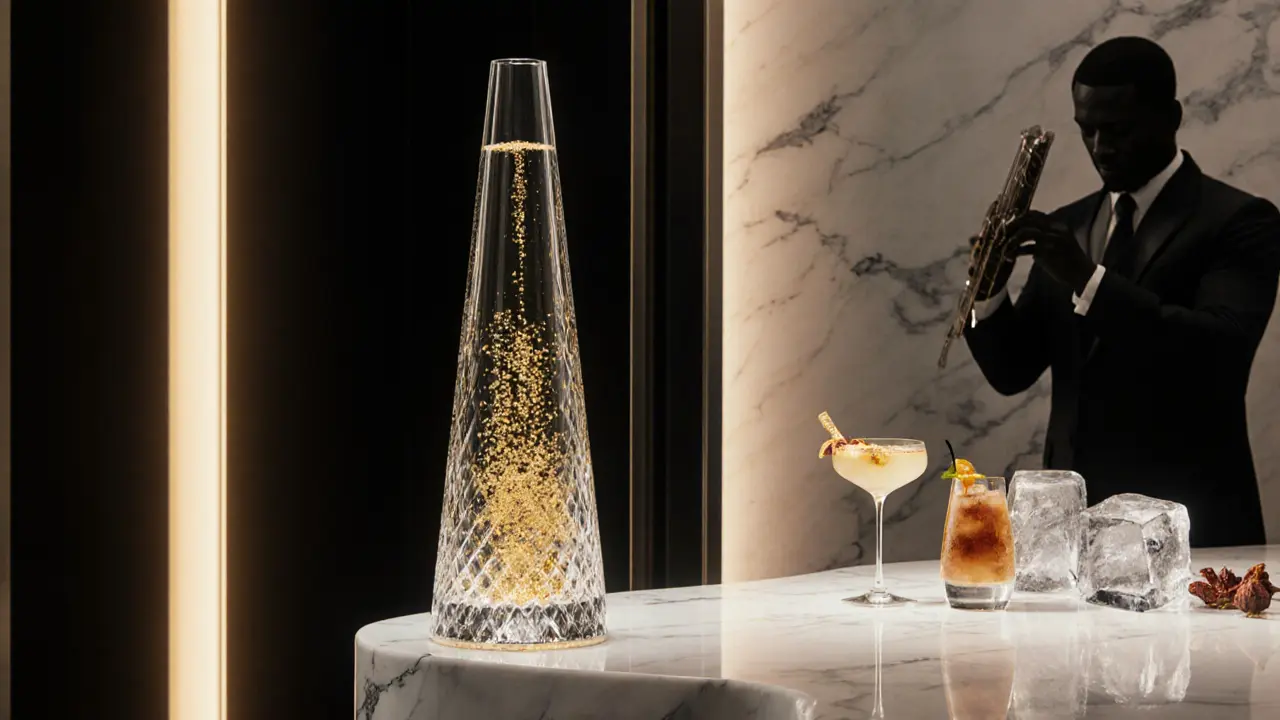 Private VIP table with crystal champagne tower and hand-carved ice, personal mixologist preparing a bespoke drink in minimalist luxury setting.