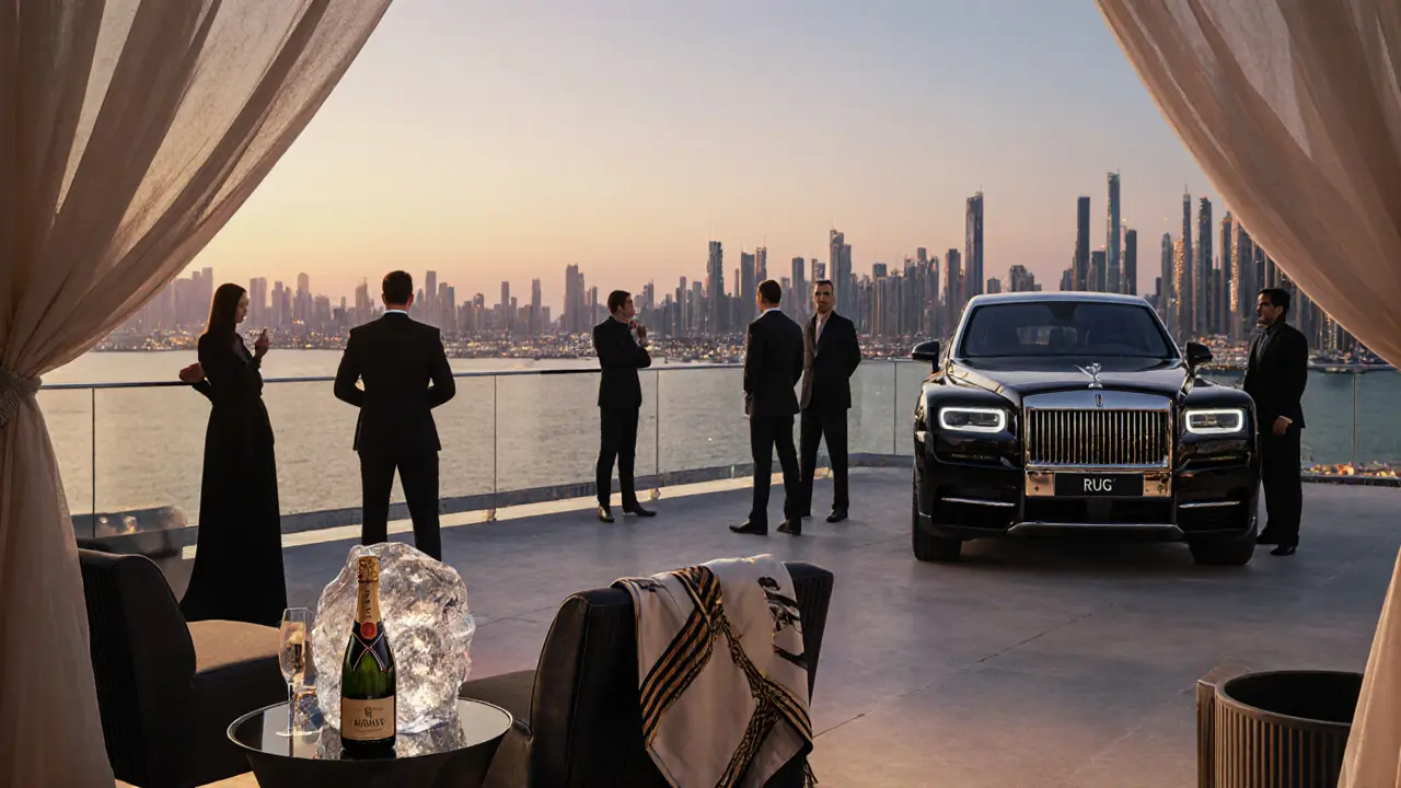 Rooftop terrace at dawn with elite guests overlooking Dubai Marina, a Rolls-Royce, and silk scarves.