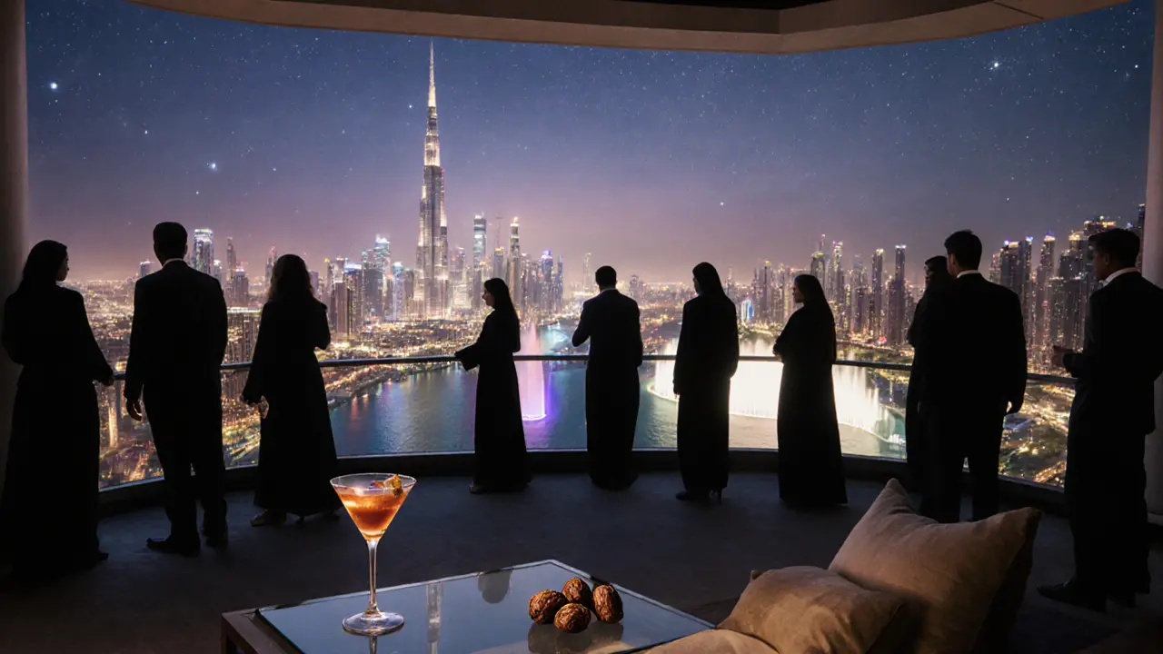 Rooftop view above Cavalli Club at dawn, Burj Khalifa glowing, Dubai Fountain shimmering in the distance.