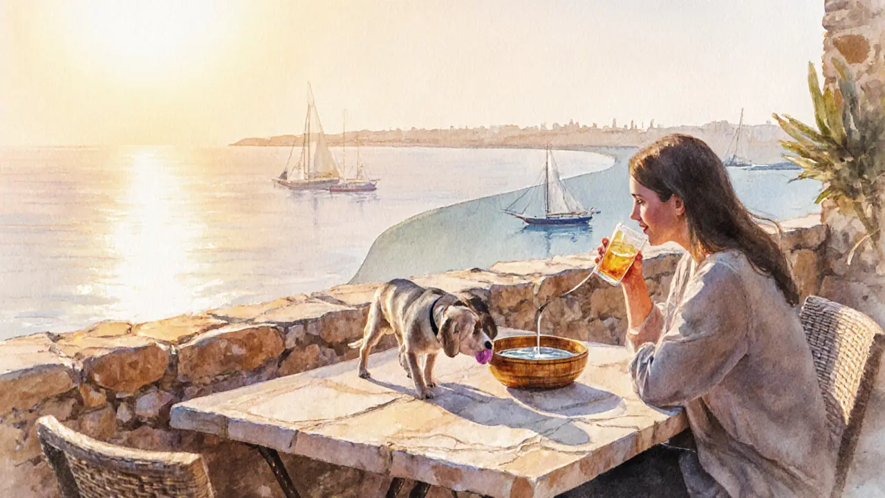 Small dog drinking from a bamboo bowl on a quiet stone rooftop overlooking the Arabian Gulf at golden hour.