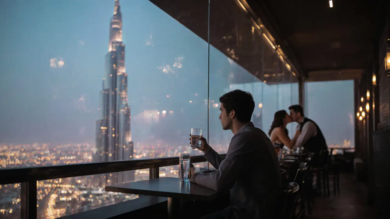 Solo traveler at rooftop bar gazing at Burj Khalifa, blurred couple kissing behind glass.