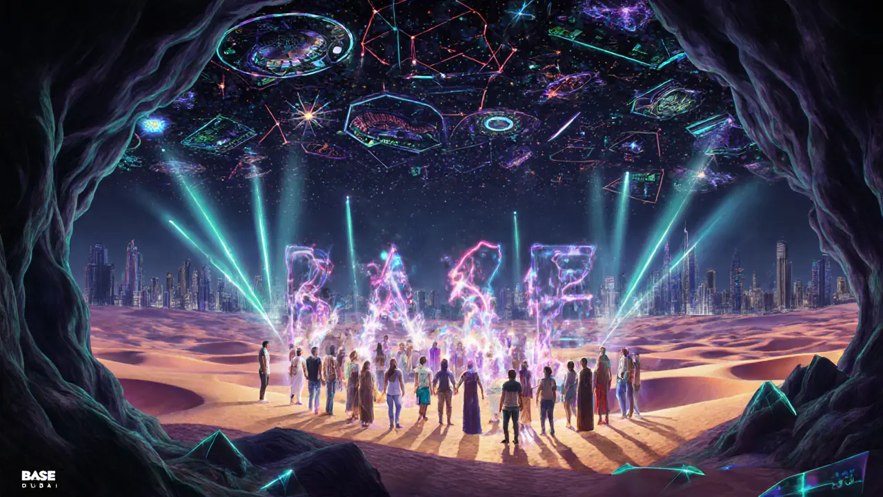 Surreal underground scene where soundwaves become desert dunes and people dissolve into harmonic light, beneath Dubai’s skyline.