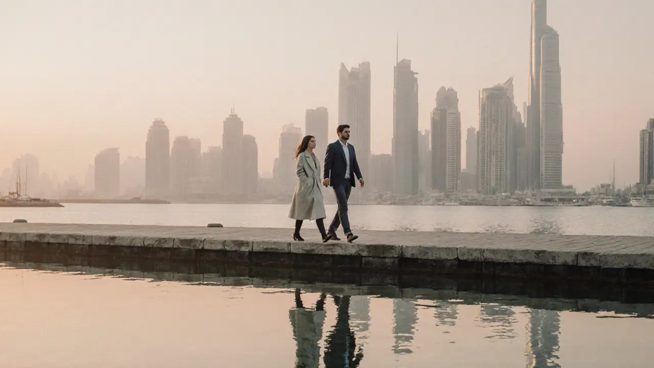 Two figures walking silently along Dubai Marina at sunrise, reflections in the water.