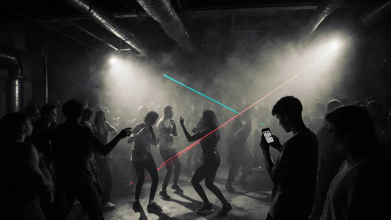 Underground club with strobe lights and dancers in a raw warehouse setting.
