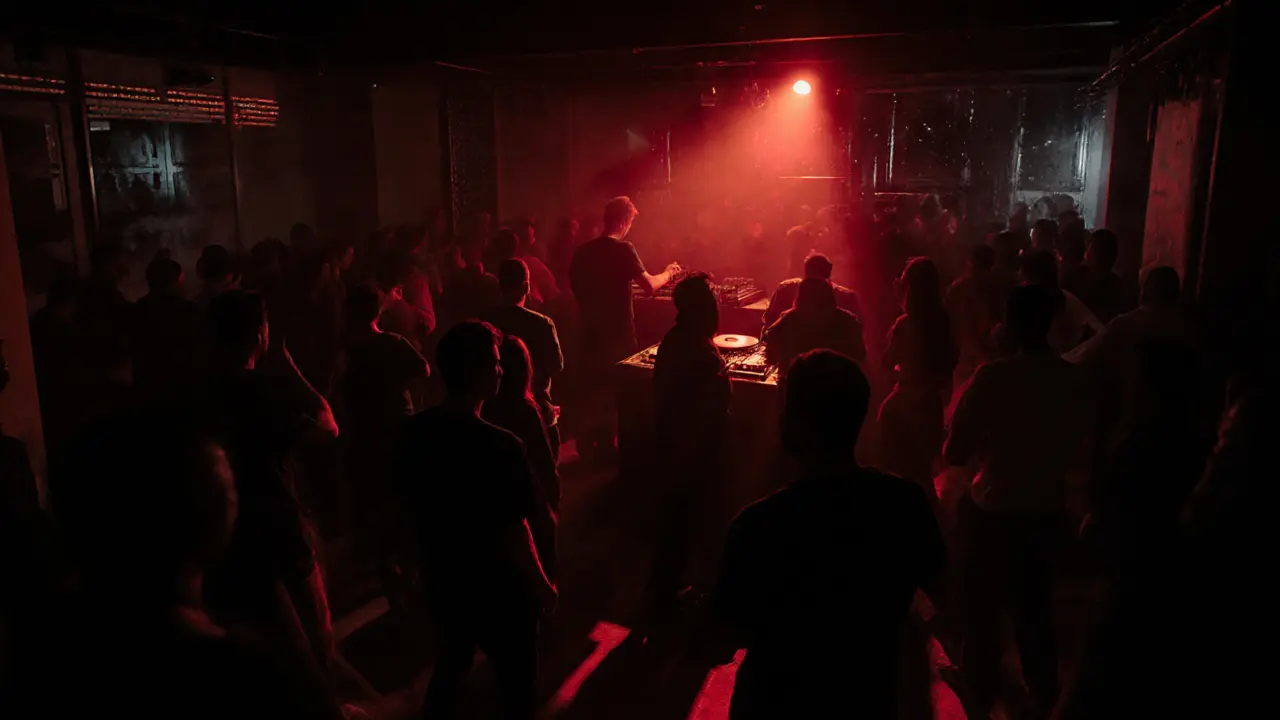 Underground techno club with dim lighting and a crowd dancing to deep bass in a concrete space.