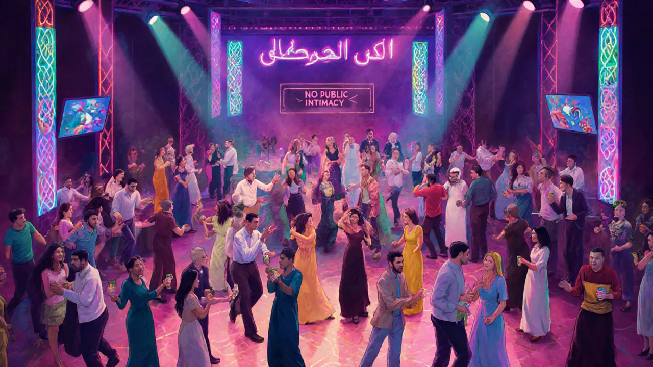 Vibrant Dubai nightclub with people dancing, no nudity, neon lights, Arabic sign visible on wall.