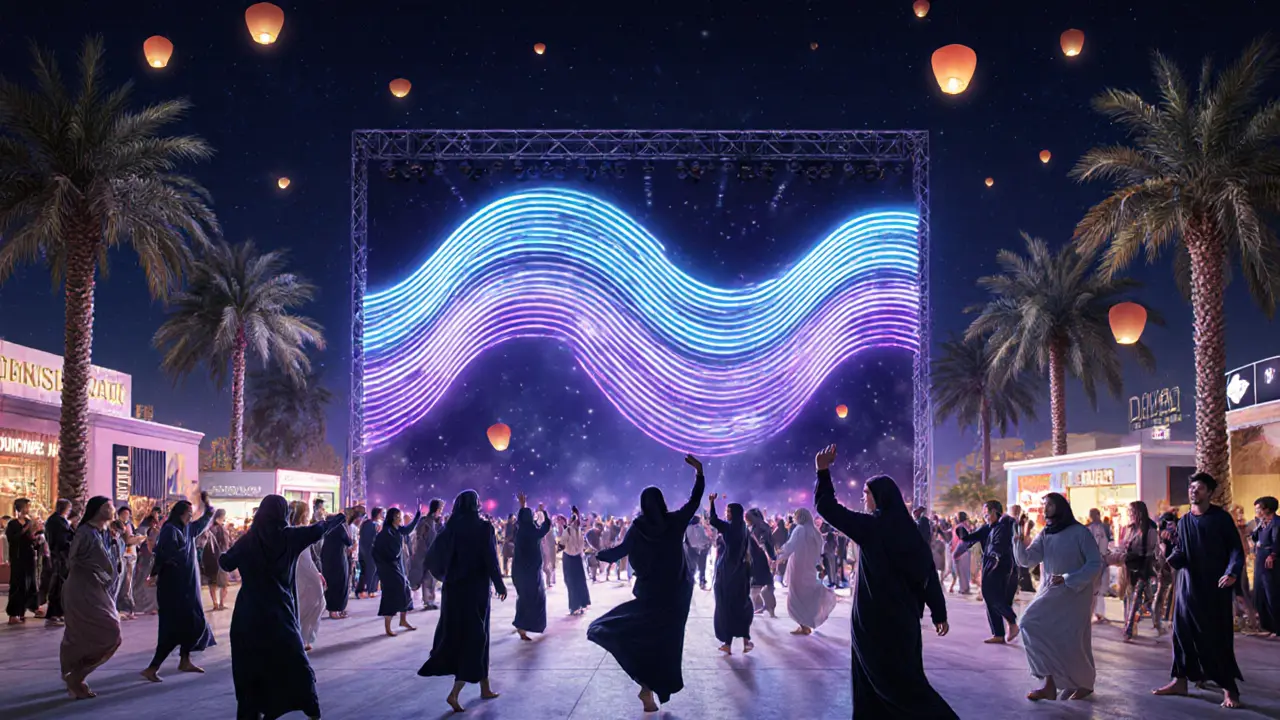 Vibrant Soundwave Festival at night with neon lights, diverse dancers, and luxury pop-ups in Dubai Design District.