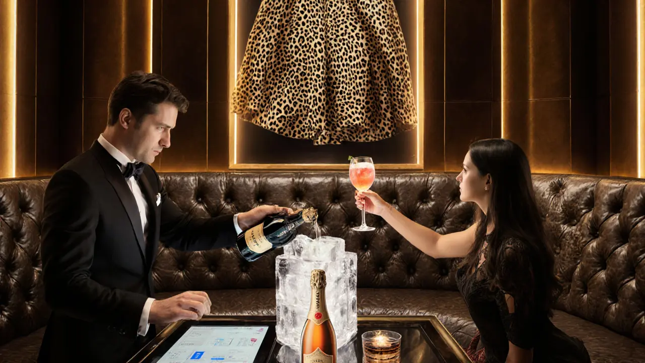 VIP cabana at Cavalli Club with ice sculpture, champagne bottle, and a mixologist pouring a golden cocktail under rotating fashion art.