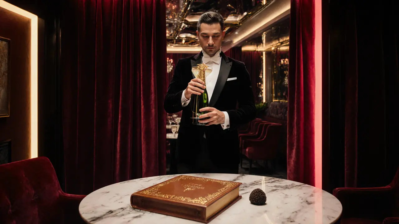 VIP lounge with butler serving champagne, gold-embossed keepsake, and color-shifting ambient lighting.