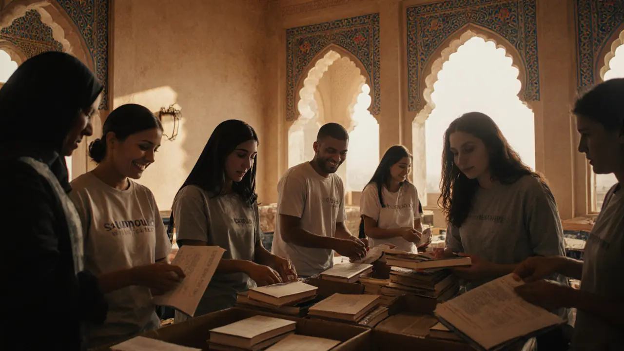 Volunteers organizing books at a cultural center, surrounded by sunlight and Arabic architectural details.