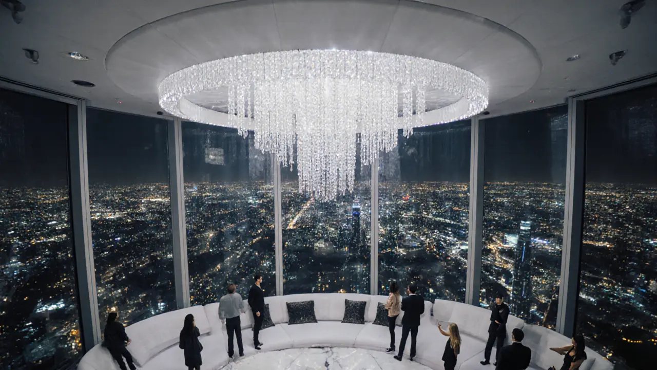 White Dubai&#039;s glass rooftop club under a massive LED chandelier with city lights below.