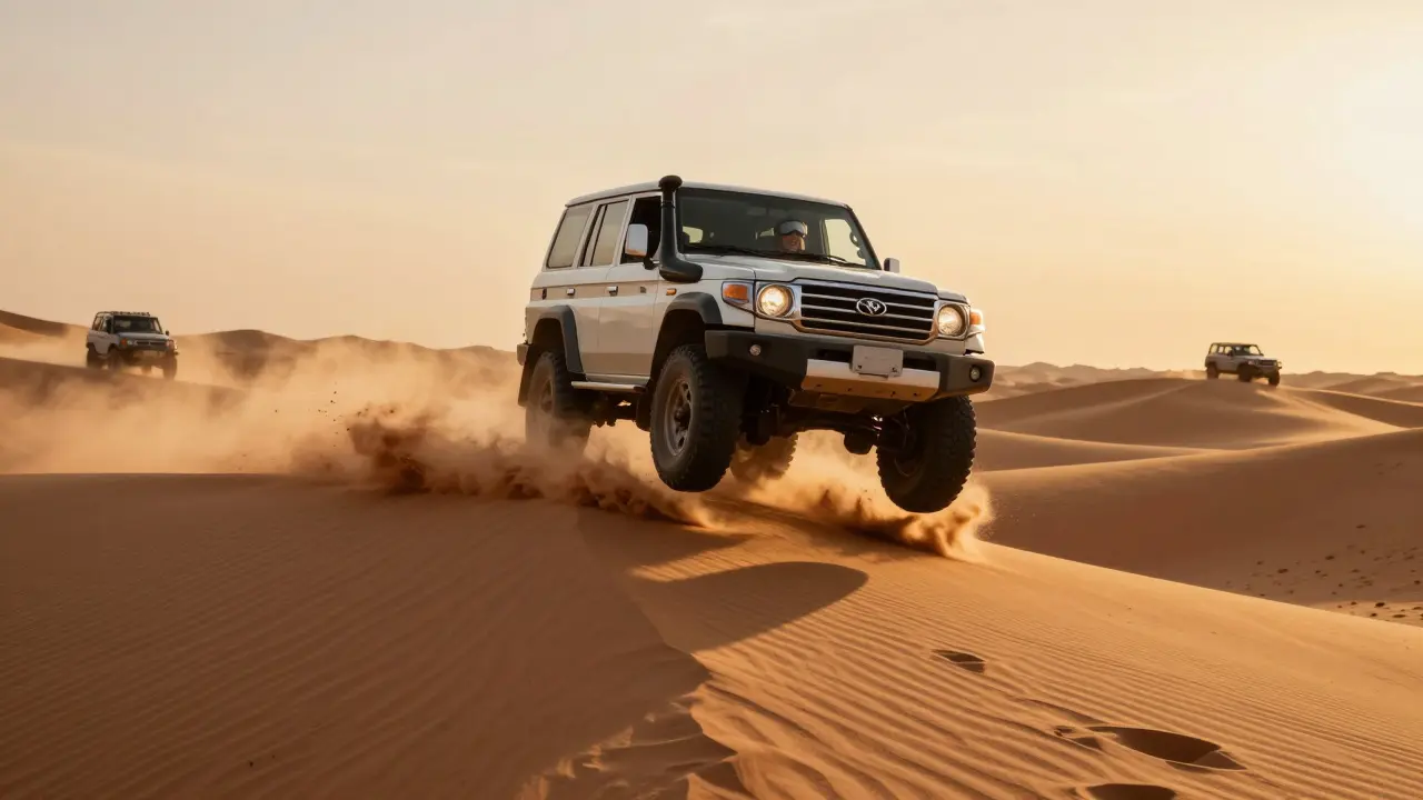 4x4 vehicle airborne over desert dune at sunset with sand spraying everywhere