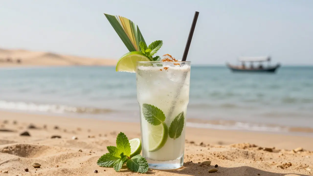 A creamy camel milk mojito with mint and lime, served with a palm-leaf straw on a quiet desert beach.