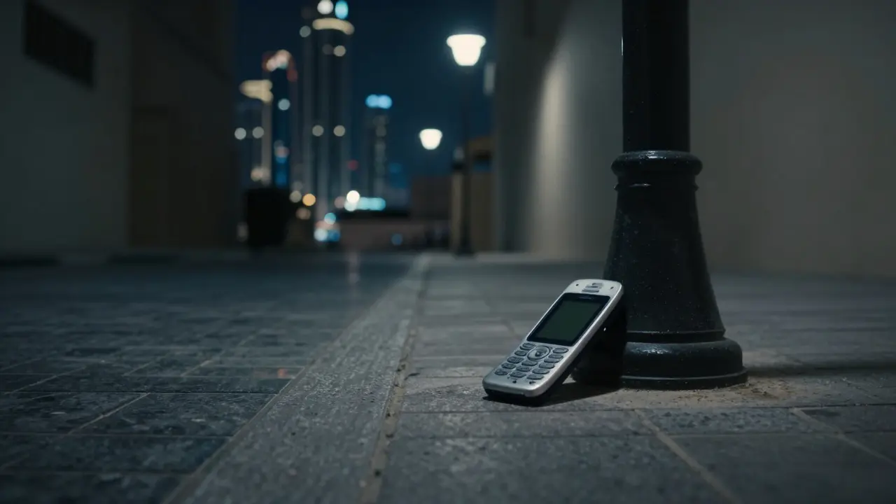 A discarded burner phone on the ground in a quiet Dubai alley at night.
