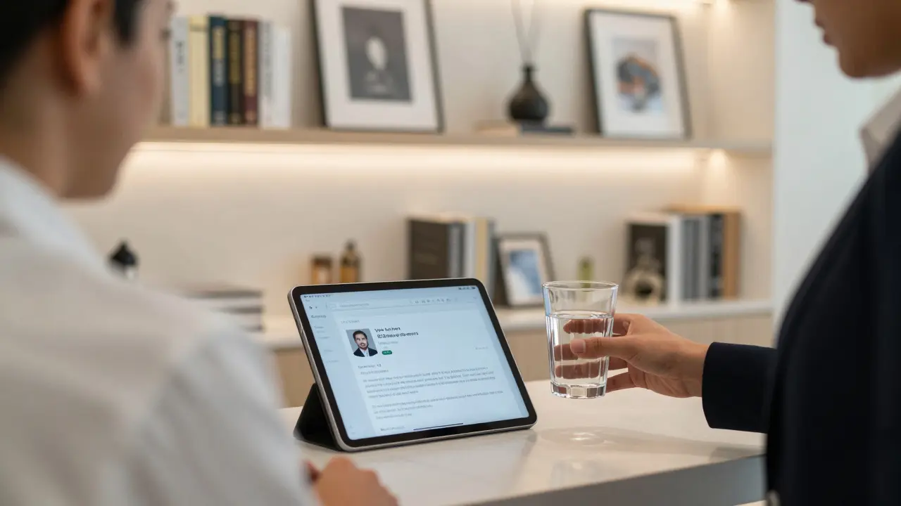 A discreet agency lounge in Dubai where a client reviews a profile, emphasizing privacy and professionalism.