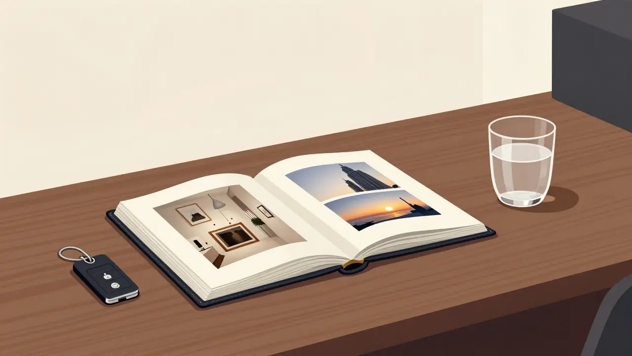 A discreet luxury escort agency office with a portfolio and keycard on a walnut desk.