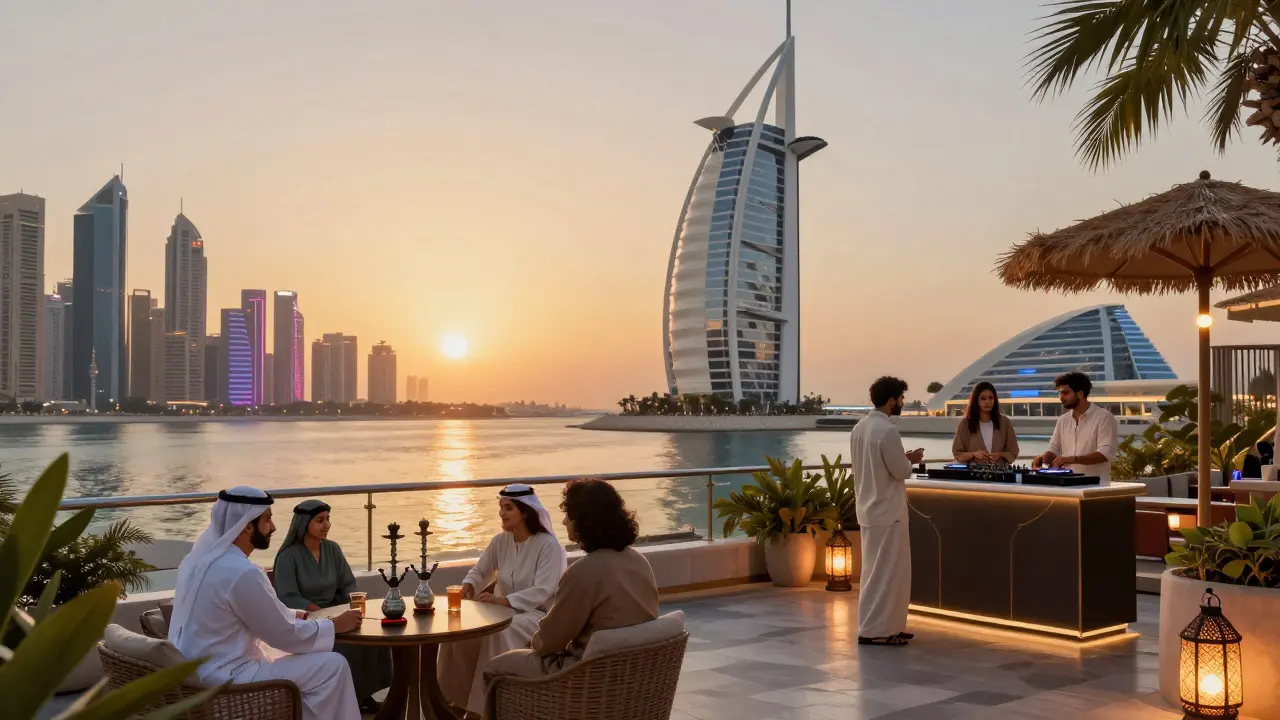 A diverse group enjoying drinks on a Marina rooftop as the sun sets behind skyscrapers.