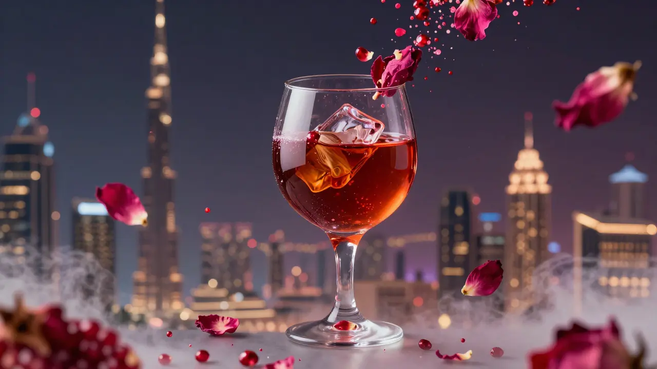 A falcon-wing glass cocktail floating above Dubai’s skyline with rose petals drifting around it.