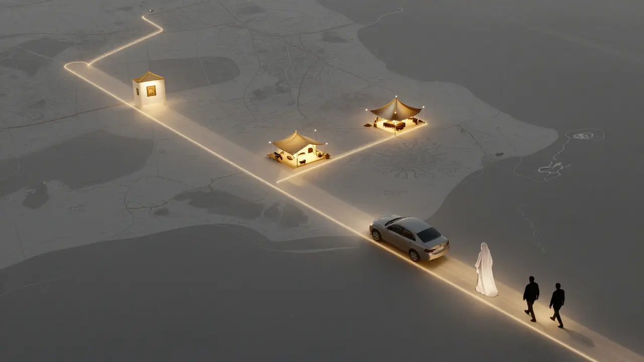 A glowing map of Dubai reveals hidden cultural spots, with anonymous figures traveling along a path of exclusive experiences.