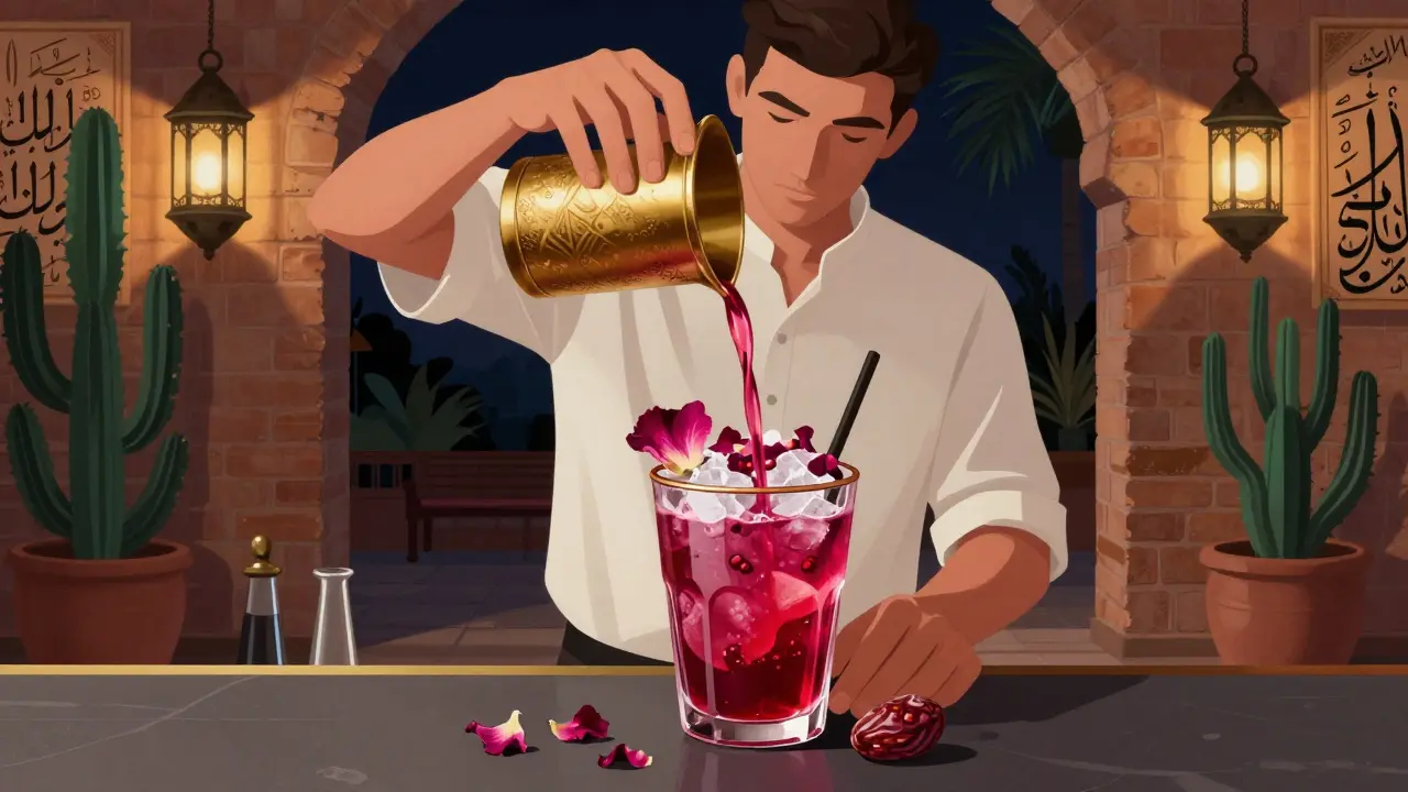 A hand-blown glass mocktail with rose petals and crushed dates, served in a cozy, lantern-lit lounge with Arabic decor.