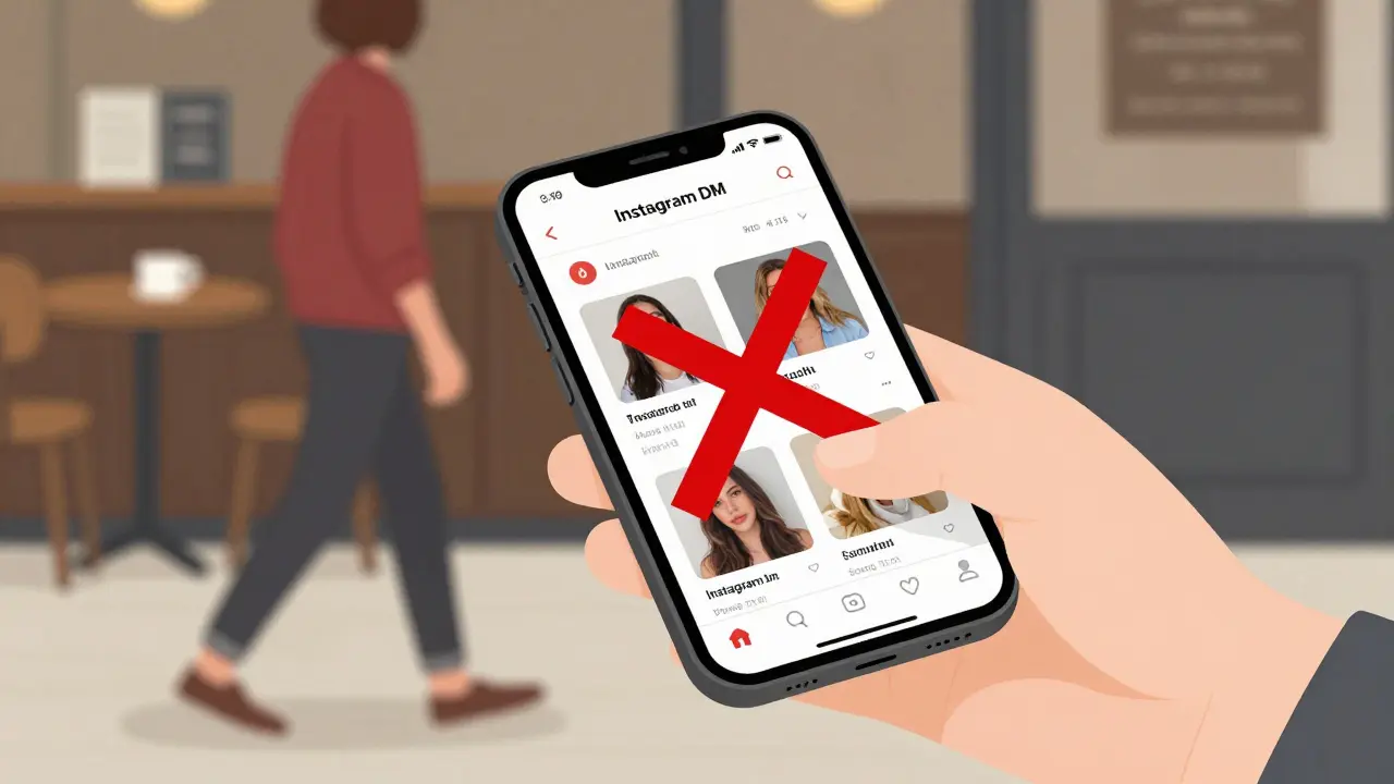 A hand crossing out a suspicious escort ad on a phone, while someone enters a cozy café.