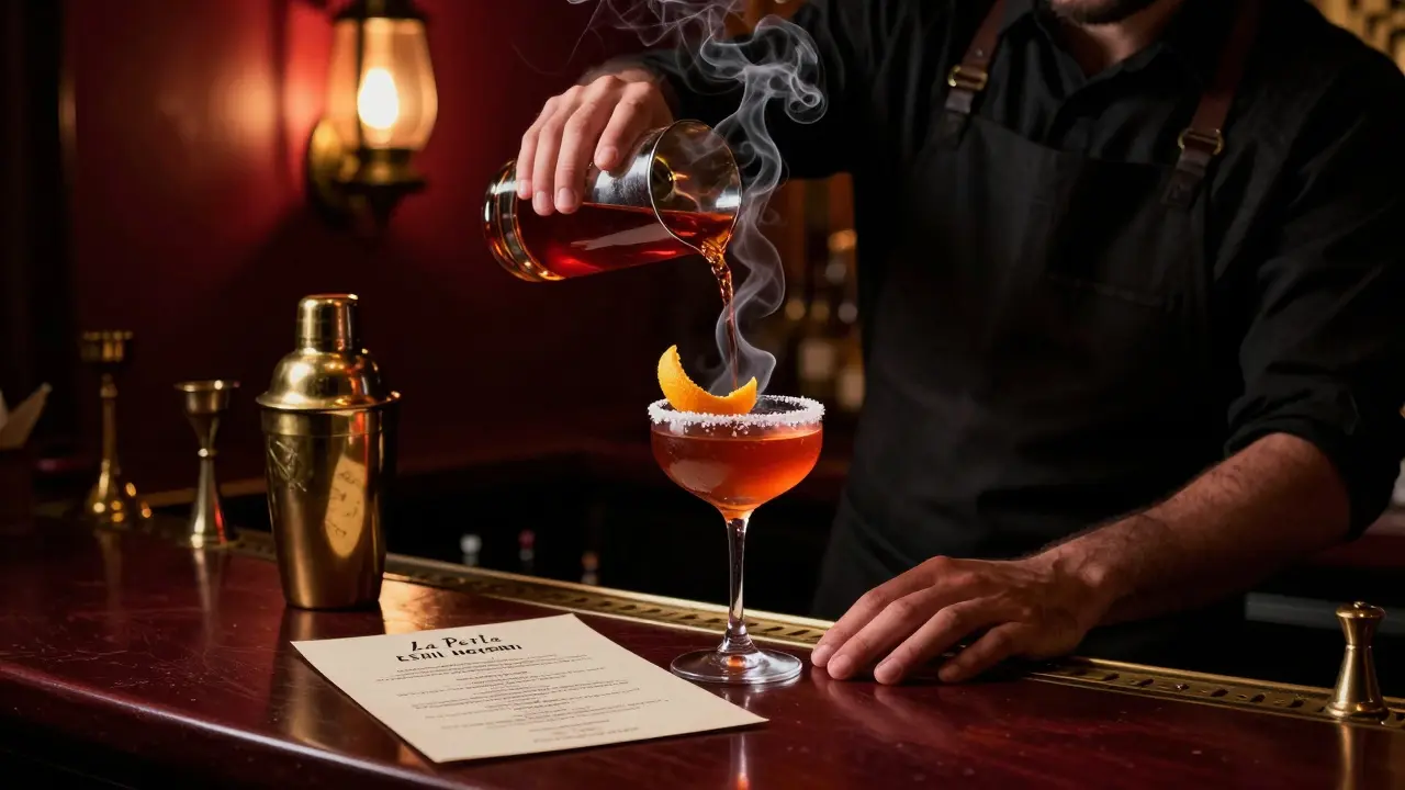 A hidden speakeasy bar serving a smoky Emirati Negroni with flamed orange peel in dim lantern light.