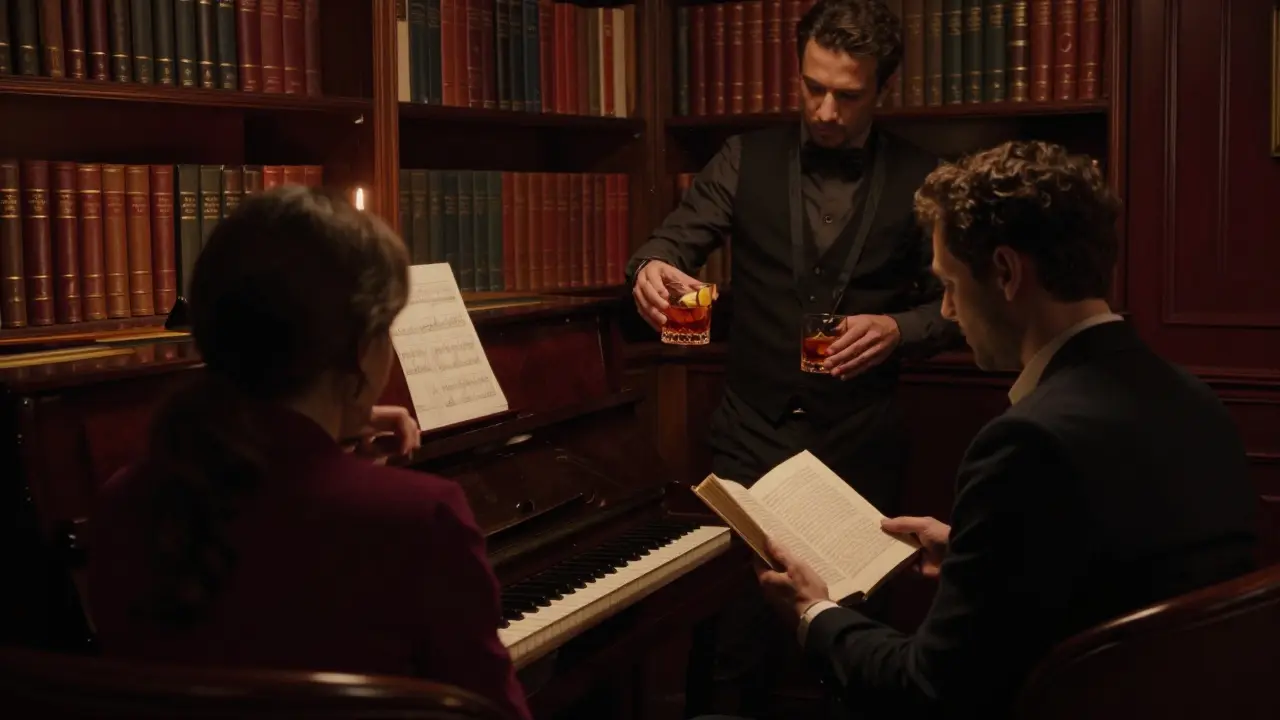 A hidden speakeasy with a bookshelf entrance, candlelit interior, and a self-playing piano in the background.