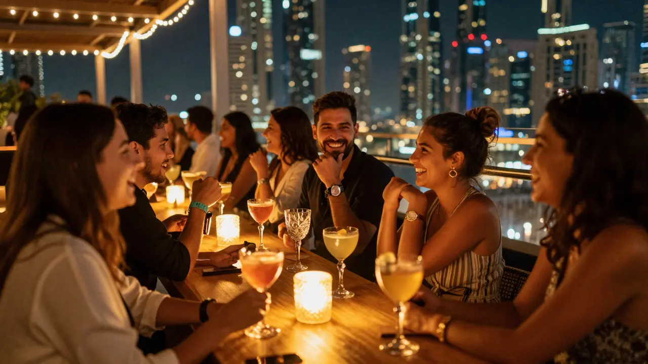 A lively rooftop bar in Dubai with people enjoying drinks and city lights in the background.