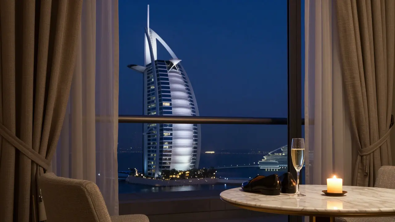 A luxurious hotel suite in Dubai at night, candlelight and champagne suggesting quiet intimacy.