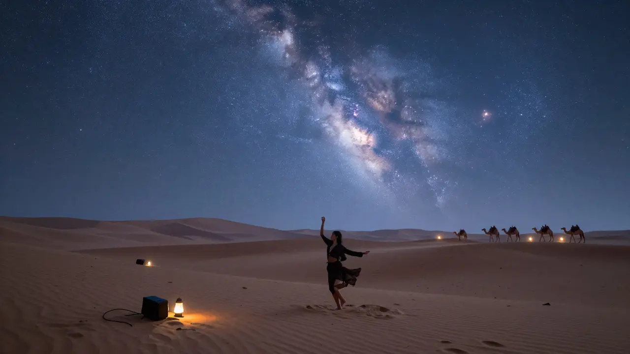 A person dancing alone in desert dunes under a star-filled sky with no artificial lights, only faint lanterns nearby.