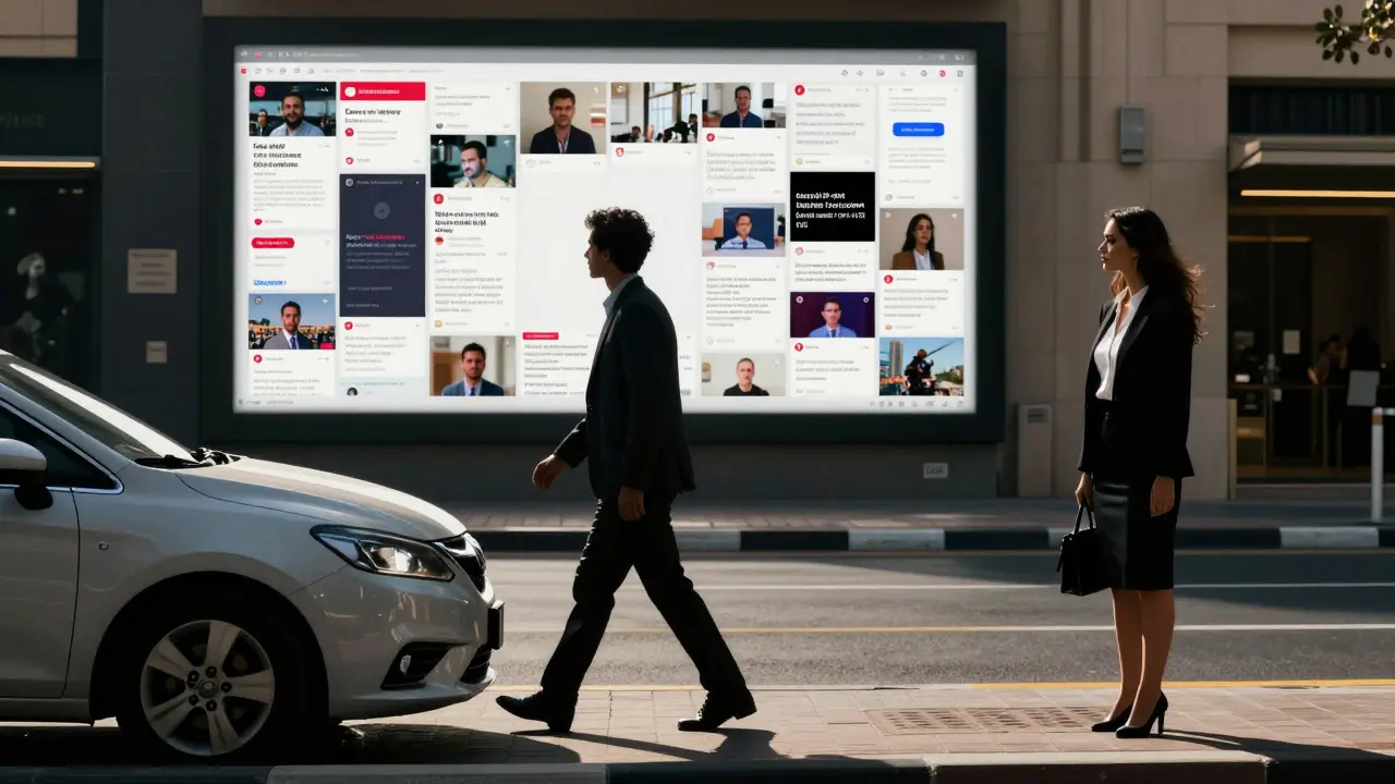 A person walking away from fake online ads toward a safe meeting with a professional companion in Dubai.