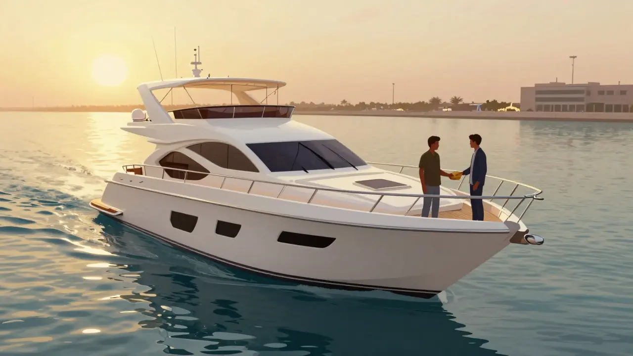 A private yacht at sunset in Dubai Marina, with a subtle exchange of an envelope between two people.