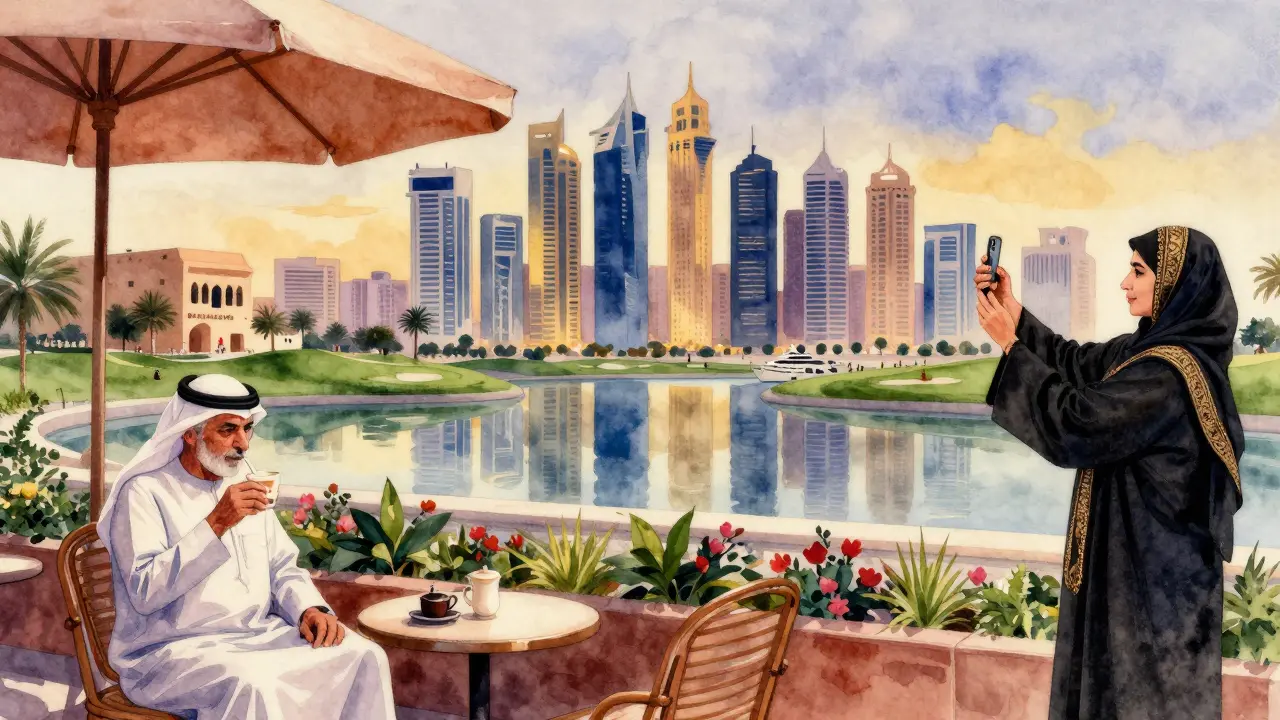 A quiet riverside terrace where traditional boats pass beneath modern towers at dusk.