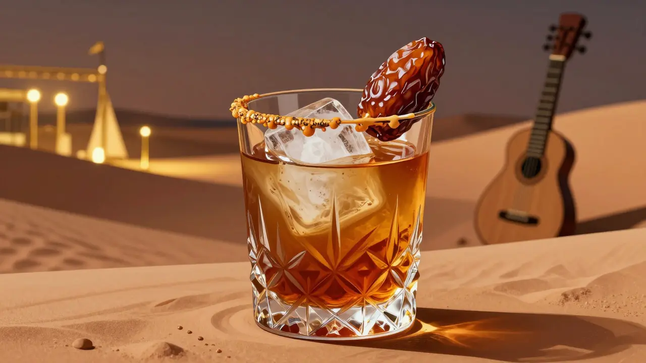 A rich date and tahini old fashioned in a crystal tumbler with a sail-shaped ice cube and caramelized date on the rim.