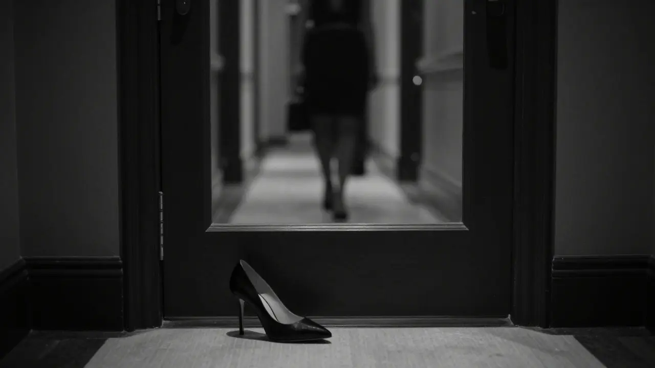 A single high-heeled shoe beside a hotel room door, faint light glowing inside, evoking secrecy and silence.