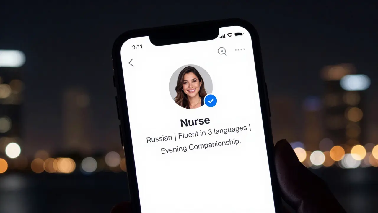 A smartphone screen displays a verified companion profile with a woman&#039;s photo and bio, glowing softly in a dark room.