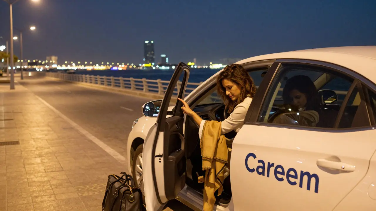 A solo woman entering a Careem car in Dubai Marina under soft streetlights at night.