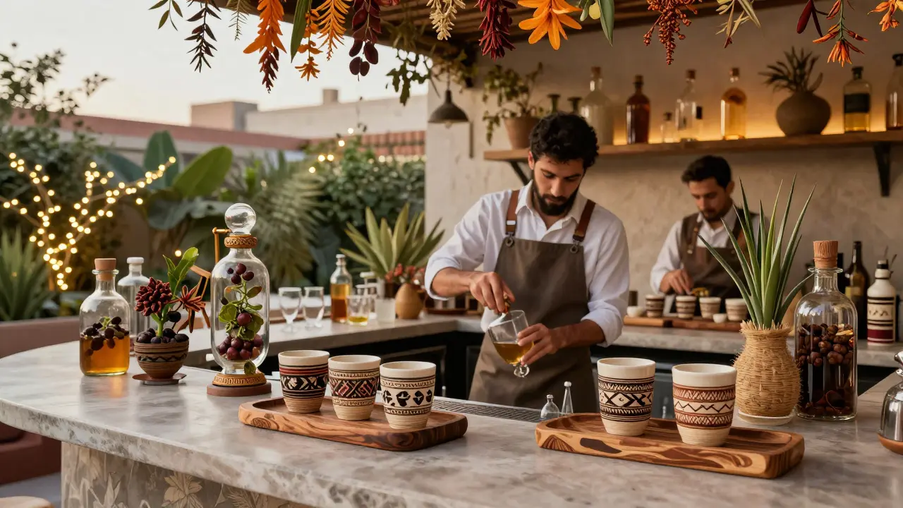 A sustainable bar using date pits and rooftop compost, with handmade ceramic glassware and botanicals.