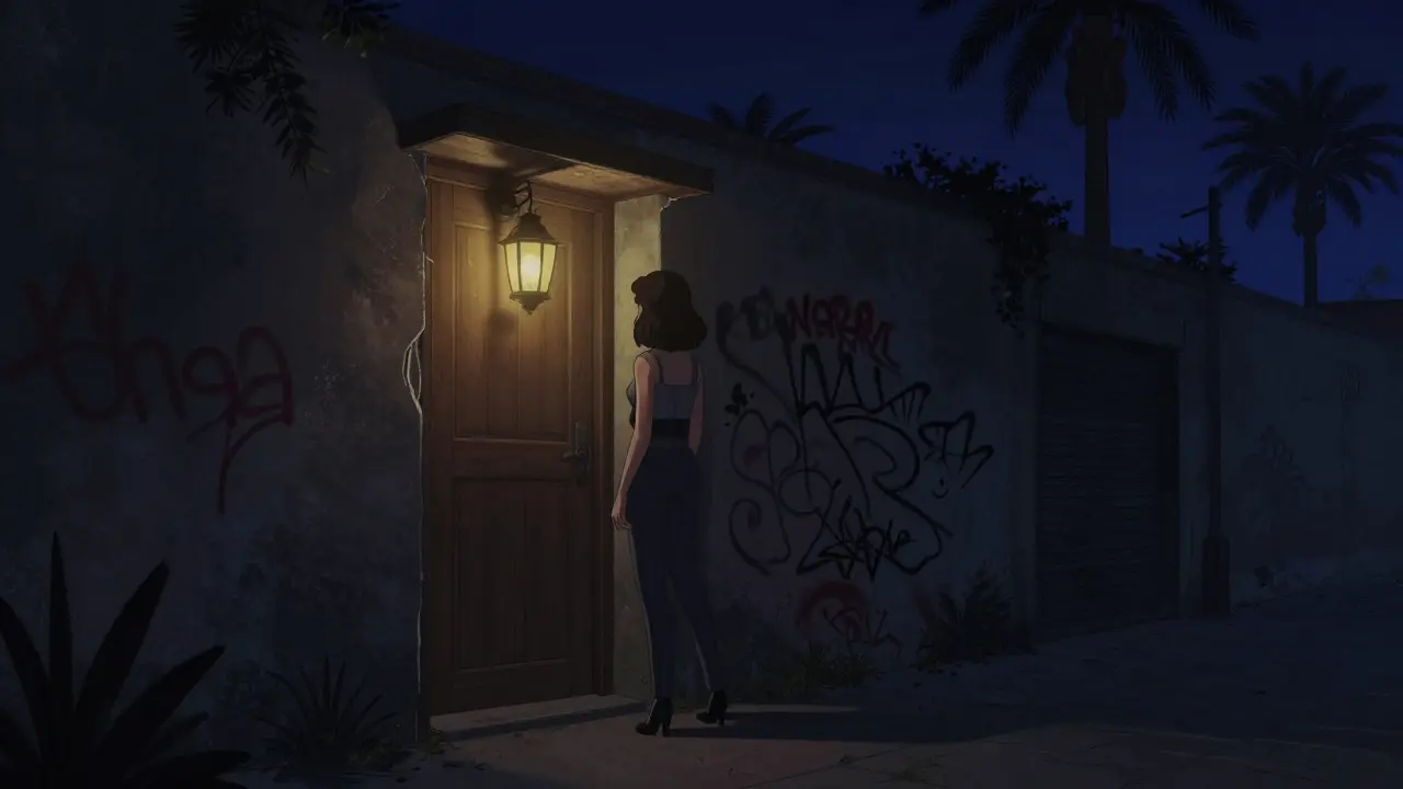 A woman approaching a hidden speakeasy door in a quiet Dubai alley at night.