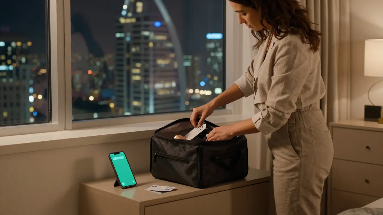A woman packing in a private Dubai apartment, hinting at a discreet arrangement.