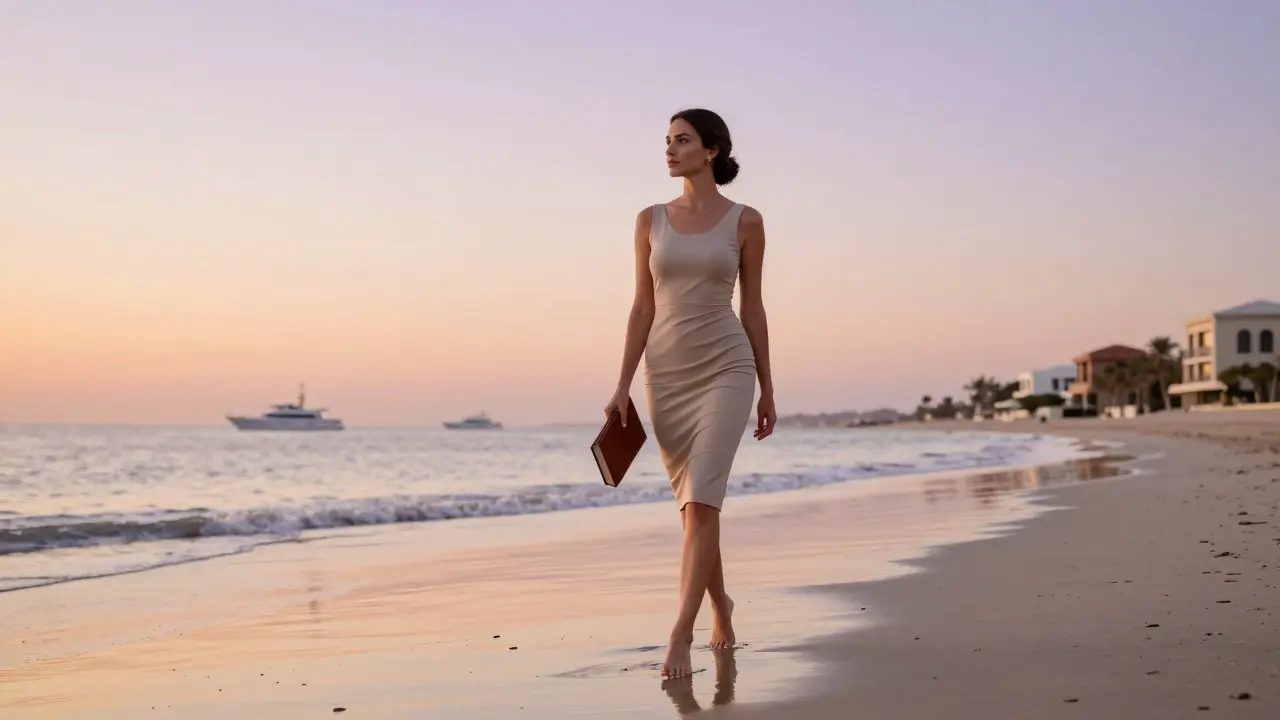 A woman walking alone at sunset on Jumeirah Beach, holding a book, calm and composed.