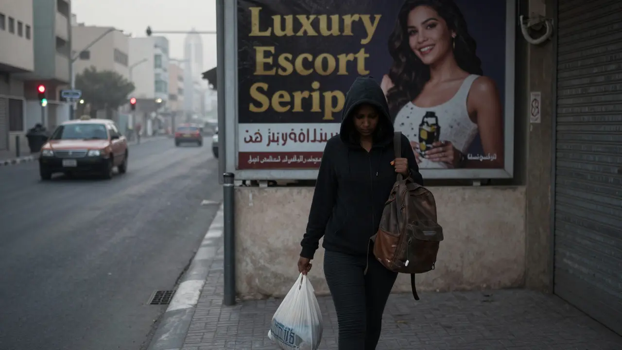 A woman walks alone at dawn in a Dubai alley, passing a billboard advertising escort services.