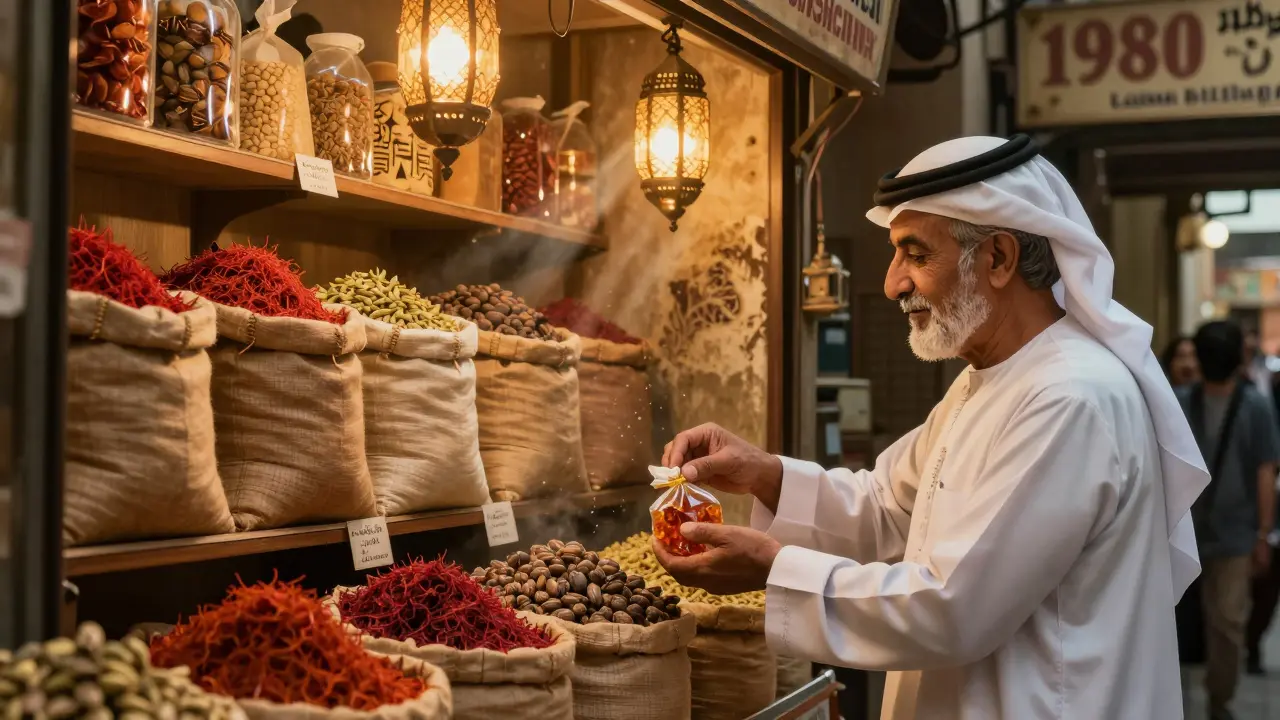 An elderly man in a white robe handing frankincense to a visitor in a dimly lit spice shop filled with aromatic sacks.