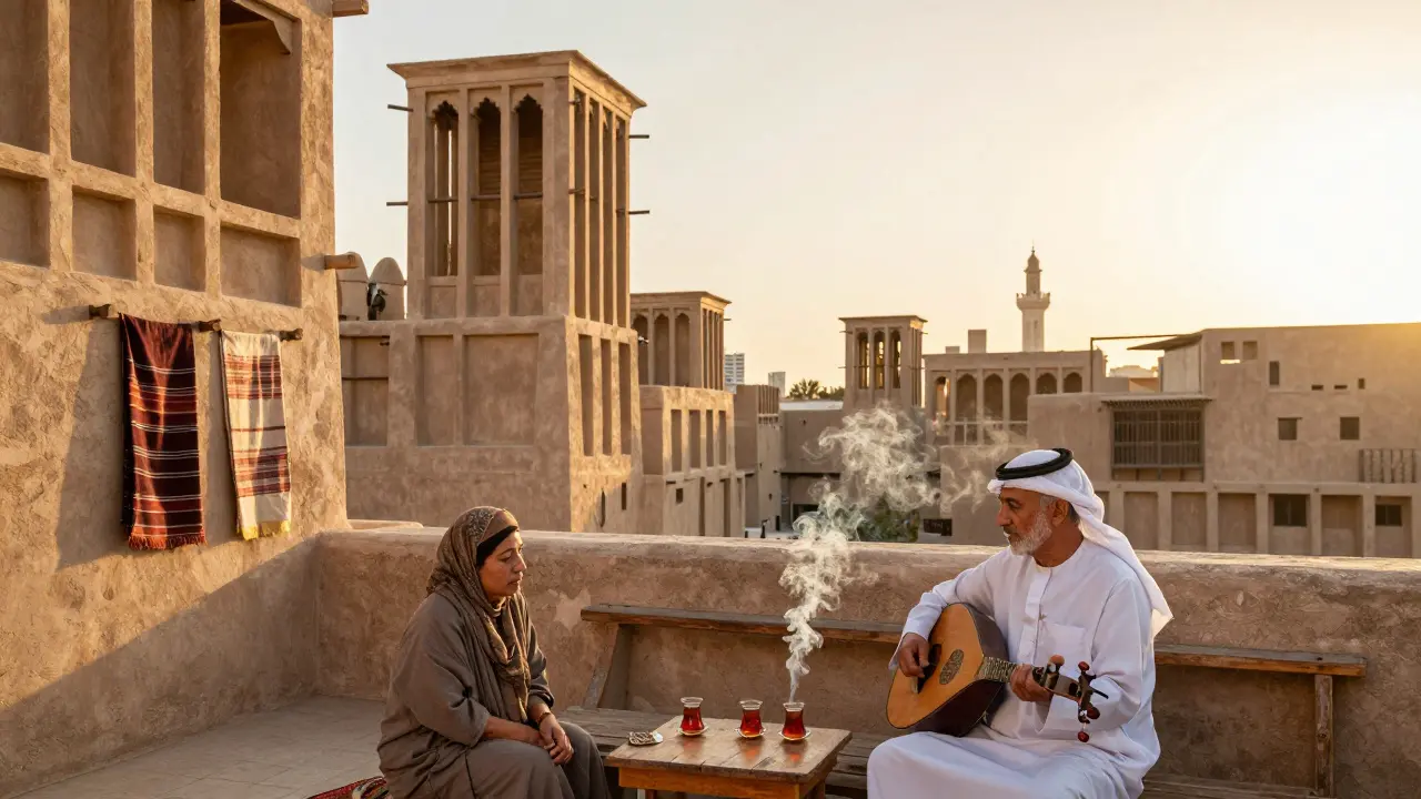 An Emirati man serving tea in Al Fahidi&#039;s historic alleyway as a visitor listens intently.