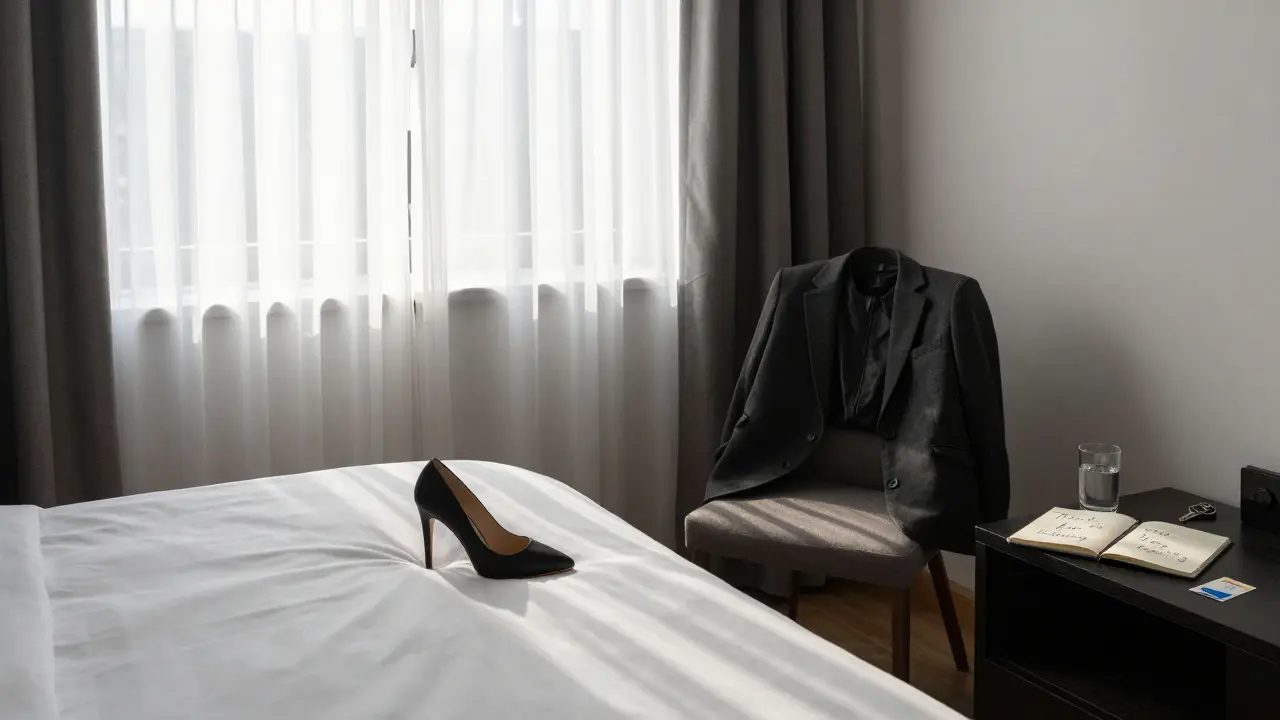 An empty luxury apartment at dawn, with a single heel, coat, and notebook left behind on the nightstand.