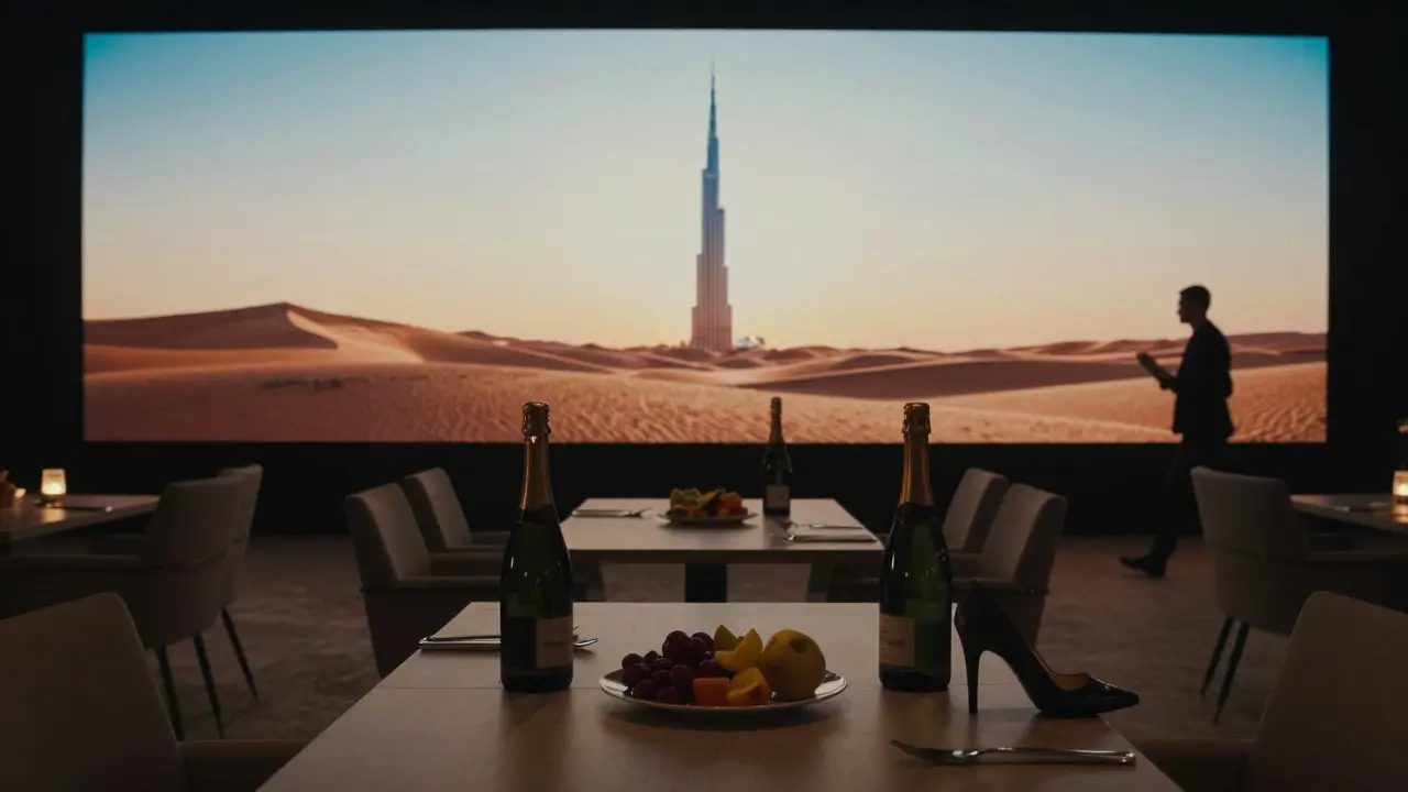 An empty VIP table at dawn with champagne bottles and a high heel, as sunrise begins over the Burj Khalifa in the distance.