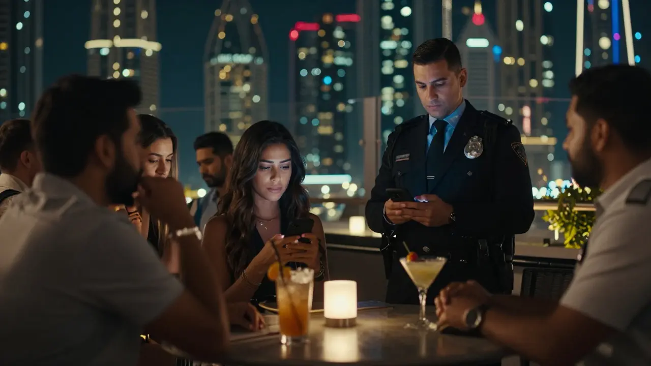 An undercover officer watches guests at a rooftop bar in Dubai, city lights glowing behind them, tense atmosphere.