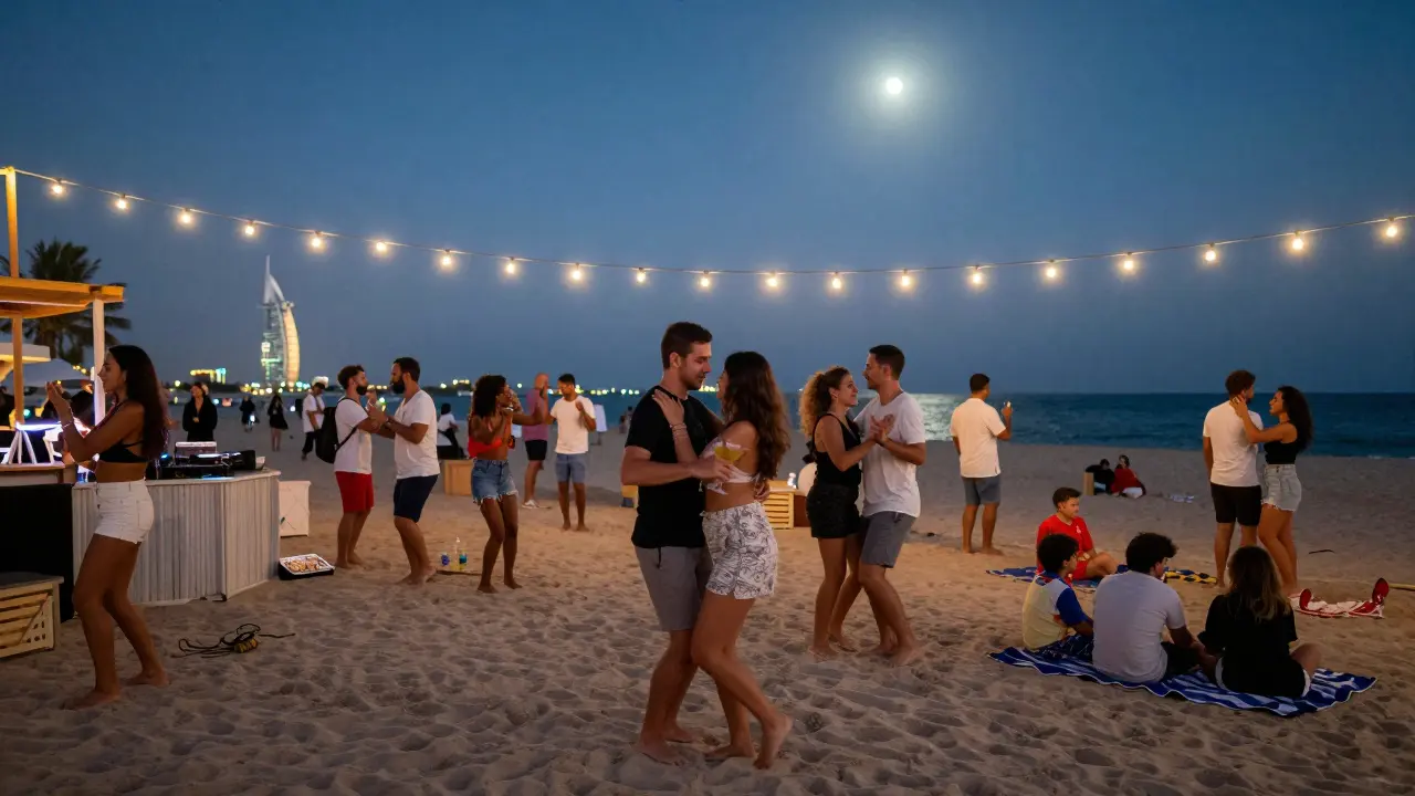 Beach party at JBR with people dancing under string lights, barefoot on sand at night.