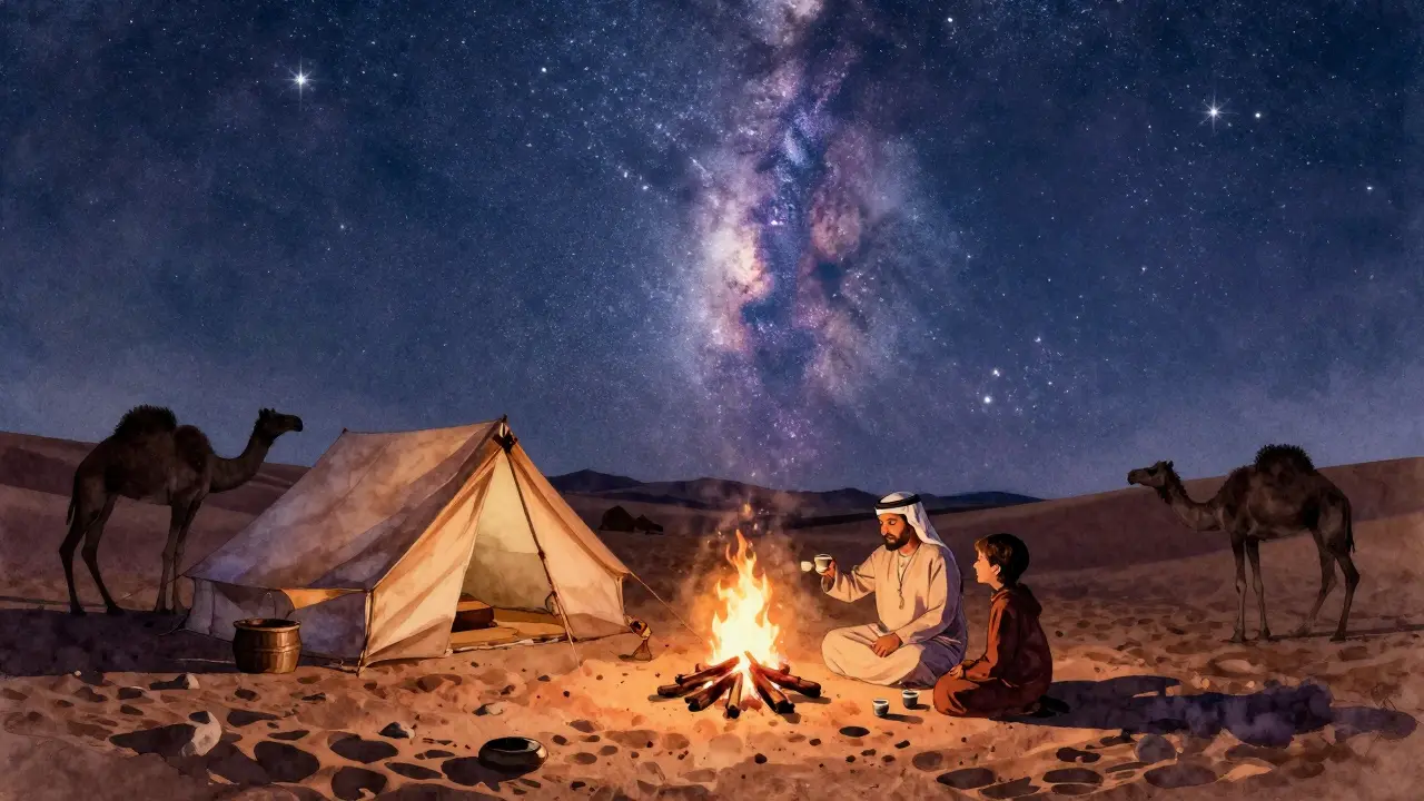 Bedouin family sharing cardamom coffee by a desert fire under a star-filled sky, no modern elements visible.